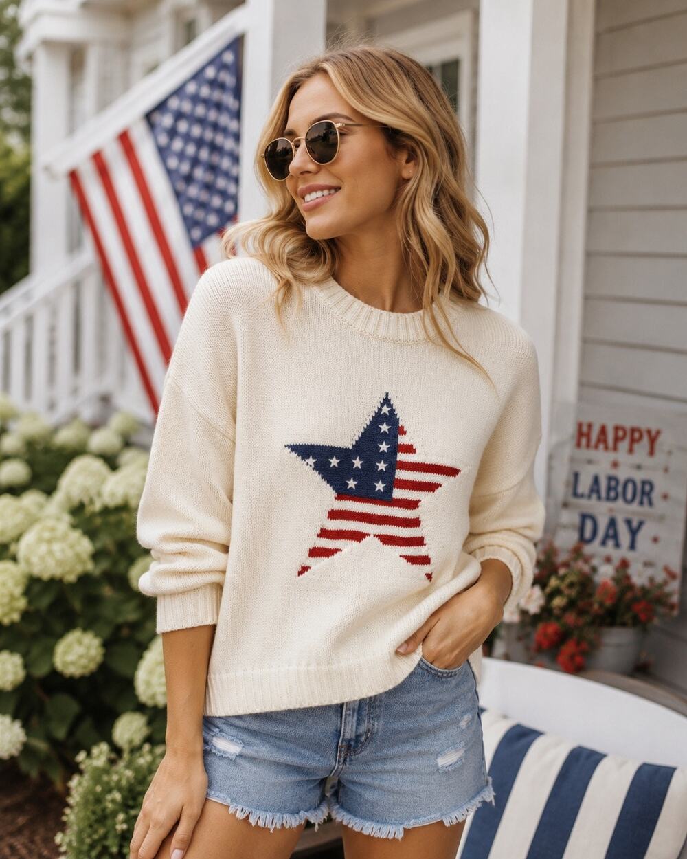 Subdued American Flag Star Oversized Cream Knit Sweater Sz S EUC Labor Day Cozy